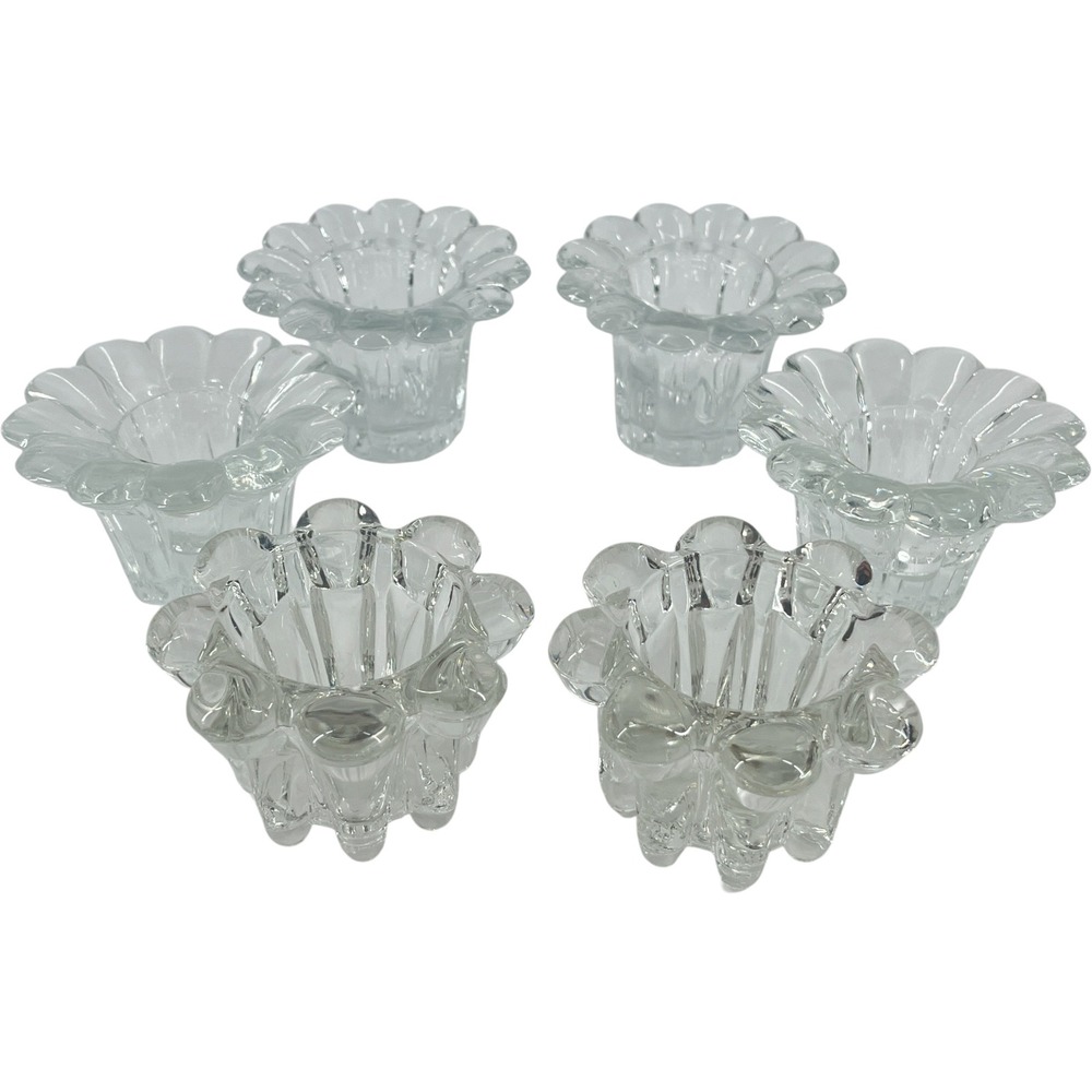 Vintage Clear Glass Candle Holder Set 6 Scalloped Floral Petal Bubble Base Decor